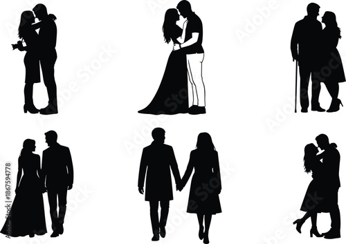 Silhouettes of couples in romantic poses embracing, walking hand in hand and showing affection representing love, companionship and relationship diversity