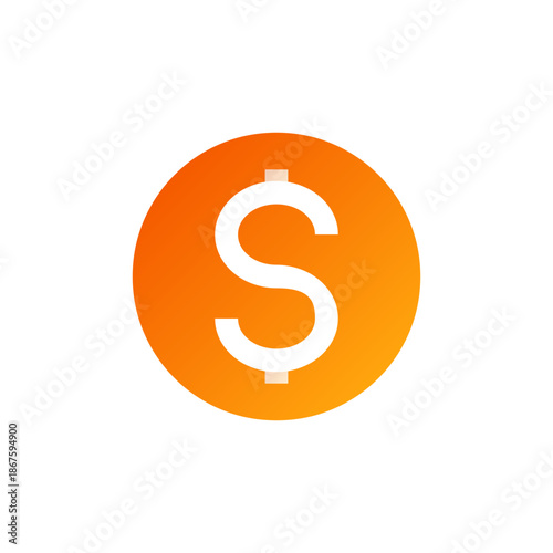 Dollar currency icon sign in orange gradient circle, minimal flat finance symbol for money, financial, payment, pricing, banking, e-commerce, apps, UI, UX, and business design.