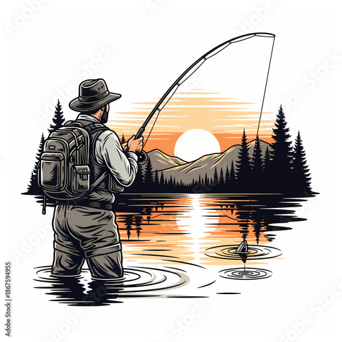 Fisherman catching fish in a lake during sunset with mountain and forest background illustration