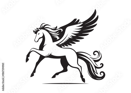pegasus logo silhouette vector, horse with wings logo design icon vector illustration, magical fantasy horse vector silhouette, pegasus fly horse logo vector silhouette on white background