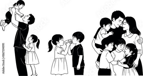Happy Asian family set with father playing with kids, children sharing water, and parents hugging their four young children together