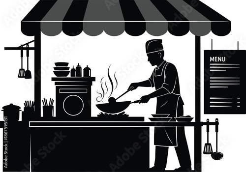 Street food vendor cooking with a wok under a black and white awning