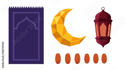 A vibrant collection of Islamic symbols including a prayer mat, crescent moon, lantern, and dates, perfect for Ramadan and Eid celebrations.