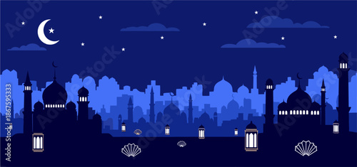 A serene vector illustration of a Middle Eastern city skyline at night, featuring mosques, minarets, and illuminated lanterns under a crescent moon.