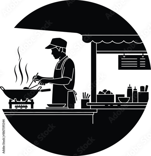Silhouette of a street food vendor grilling food under an umbrella