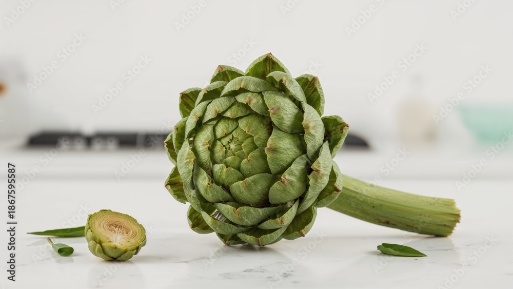 Obraz premium Fresh artichoke with stalk, cut in half, on white kitchen countertop. Healthy vegetables, cooking ingredients, and food preparation.