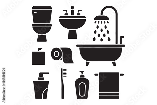 Essential Bathroom Items and Hygiene Product Silhouettes Icon Set