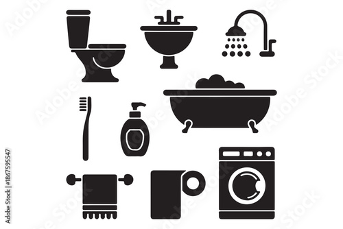 Essential Bathroom Items and Hygiene Product Silhouettes Icon Set