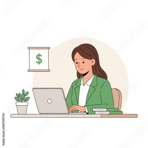 Illustration of a woman working on a laptop at a desk with a plant and books in a simple office setting.