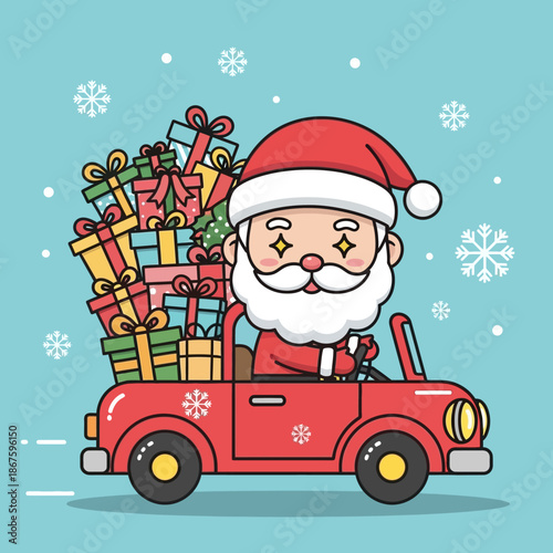 Cute Santa Claus Driving Red Car Full of Christmas Gifts.