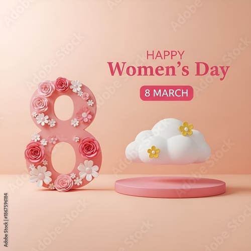 Happy Women's Day text on white circle with pink flowers and green leaves.