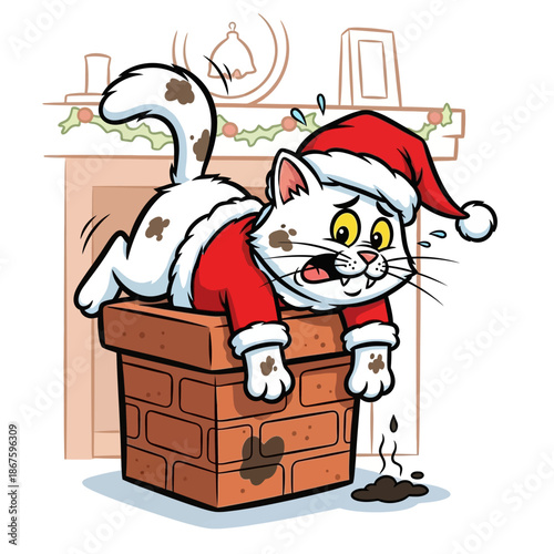 Funny Cat Dressed as Santa Claus Stuck in Chimney.
