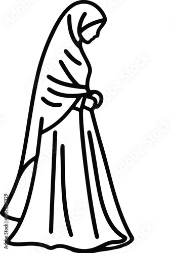 Woman in hijab praying minimalist line art illustration symbol of faith and devotion isolated on white background