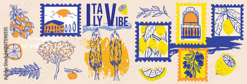 Vibrant Italian Vibe Poster with Stamps Landmarks and Fruits.