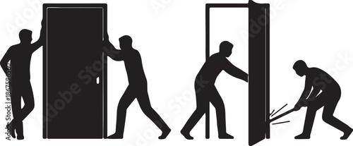 Four Silhouetted Figures Moving and Lifting a Large Rectangular Together also transparent background