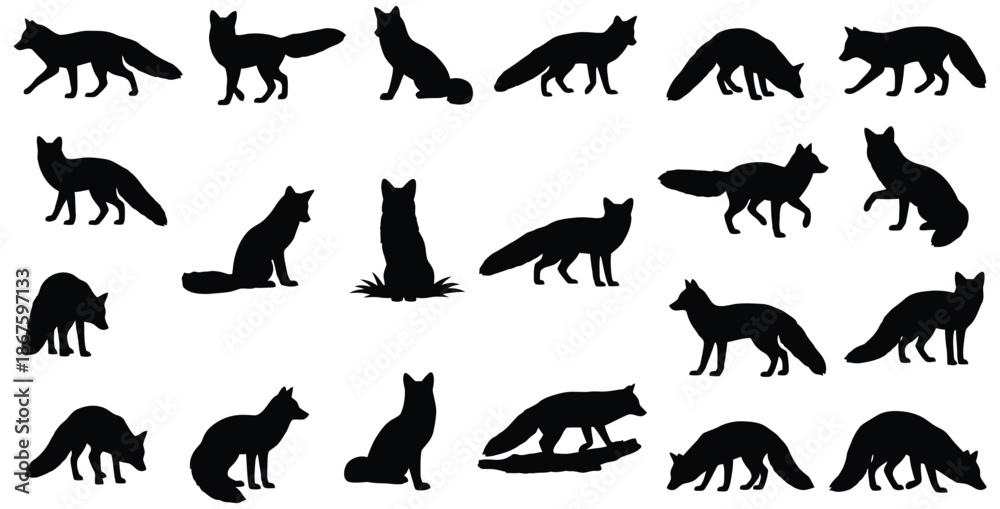 Obraz premium Collection of diverse black fox silhouettes displaying various dynamic poses and natural behaviors against a stark white background suitable for graphic design projects