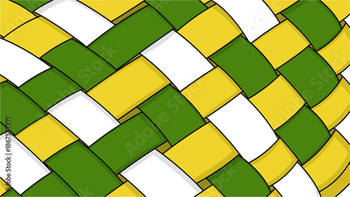 A vibrant and dynamic woven pattern featuring interlaced strips of yellow, green, and white, creating a visually engaging abstract background.