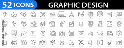 Graphic design 52 icons set. Simple linear icons in a modern style flat. Creative Process symbol. Graphic design, creative package, stationary, software, editing, freelance and more. Editable stroke. 