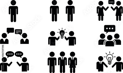 Set of business people icons including communication collaboration teamwork brainstorming networking meeting community leadership professional corporate group and creative social interaction