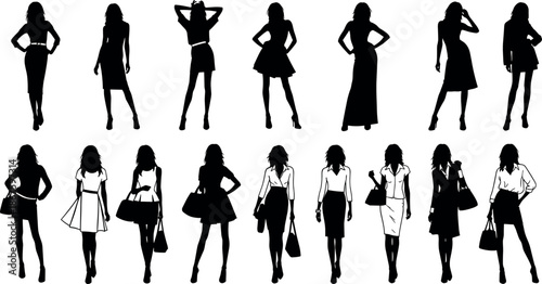 Set of elegant fashion woman silhouettes in various stylish poses wearing dresses and business attire for modern female lifestyle designs