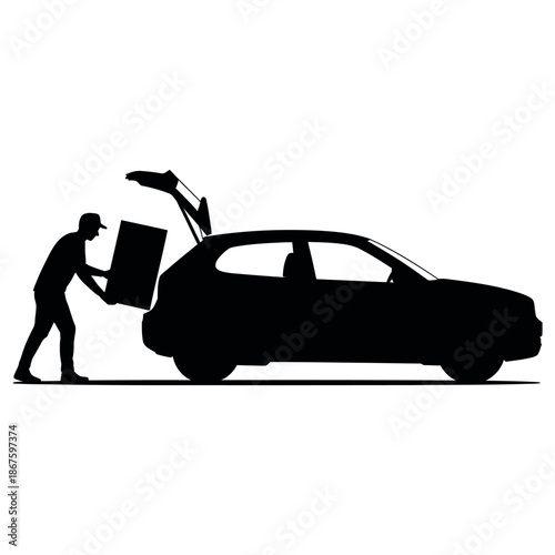 Delivery man loading cardboard box into car trunk silhouette with open hatchback and clean profile view for shipping logistics and transportation service theme