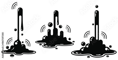 Collection of three distinct stylized black liquid streams pouring downwards creating glossy spills and dripping viscous bubbles with radiating sound wave icons