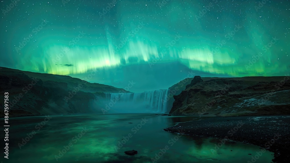 Naklejka premium Northern lights over a waterfall at night with landscape scenery. Natural phenomenon and aurora borealis. Scenic view of sky and water under the stars.