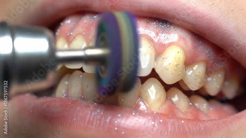 Dental hygiene: Close-up of teeth being cleaned and polished with glittering particles. Health care, sparkling white teeth, dental cleaning and mouth care.