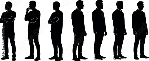 Set of professional male silhouettes in various standing poses, contemplative and confident business man figures for architectural visualization and design.