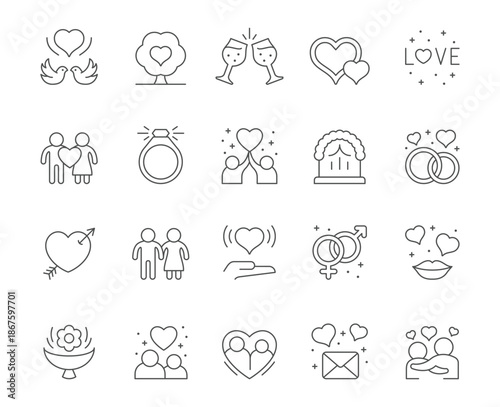 Line Icons Depicting Love Hearts Couples and Romance Symbols.