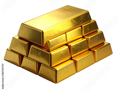  Shiny Fine Gold Bars with Polished Surface, Stacked Composition, Wealth and Investment Concept, Isolated
