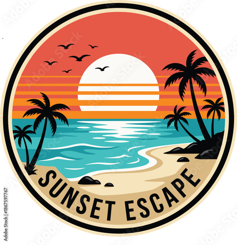 Sunset beach emblem illustration, tropical island ocean scene with palm trees, retro travel badge logo design