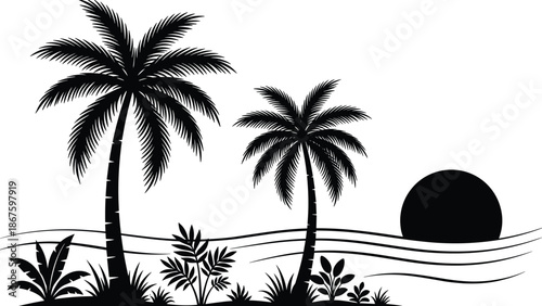 Tropical beach sunset palm tree silhouettes landscape illustration, black vector coconut palms ocean waves minimal nature design art
