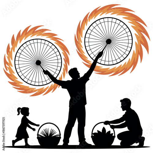 Silhouette artist entertaining people with spinning fire wheels at a festival as family gathers with baskets during an outdoor gathering event