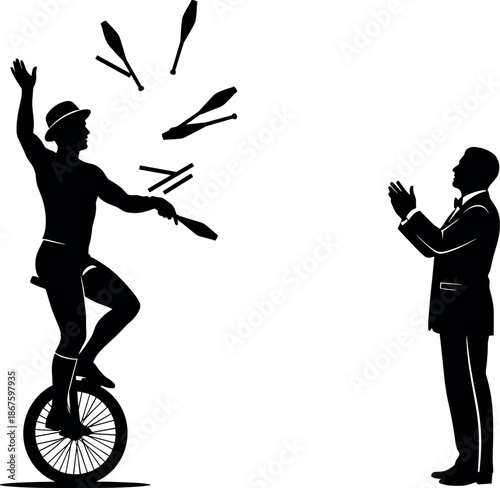 Silhouette of a circus performer juggling clubs while riding a unicycle as a man in a formal suit claps applause.