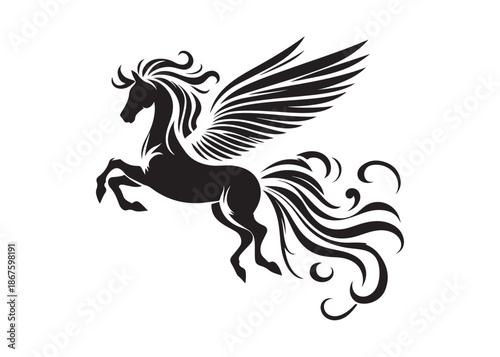 pegasus logo silhouette vector, horse with wings logo design icon vector illustration, magical fantasy horse vector silhouette, pegasus fly horse logo vector silhouette on white background