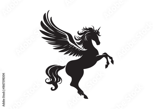 pegasus logo silhouette vector, horse with wings logo design icon vector illustration, magical fantasy horse vector silhouette, pegasus fly horse logo vector silhouette on white background