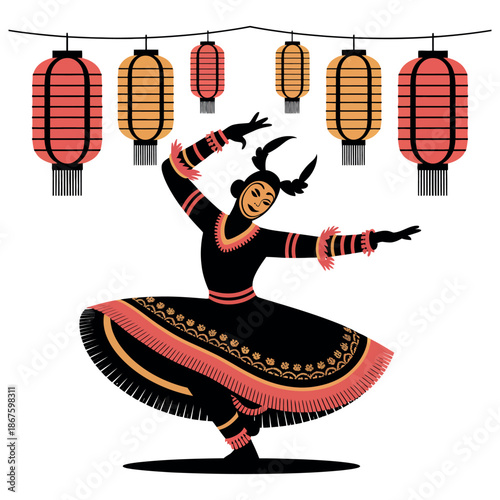 Traditional chinese dancer performing fan dance with colorful lanterns hanging as festive decoration for chinese new year cultural performance