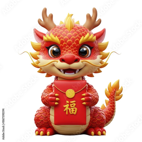 A Chinese orange fire dragon child holding a red convex symbolizing good luck, wealth, and prosperity. Chinese New Year.