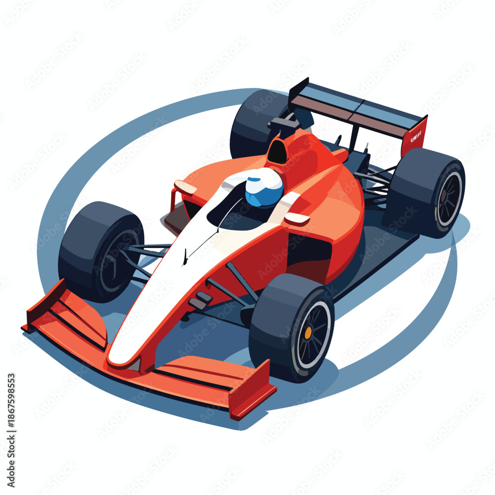 Fototapeta premium Dynamic isometric illustration of a high-speed open-wheel racing car with a driver on a track