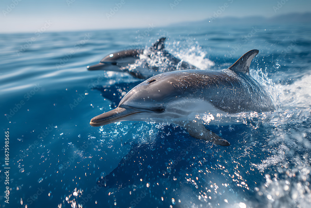 Fototapeta premium Close-up of Two Energetic Dolphins Surging Through Sun-Kissed Ocean Spray