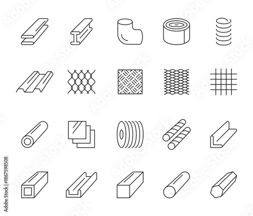 Line Icons of Various Metal Construction Profiles and Materials.
