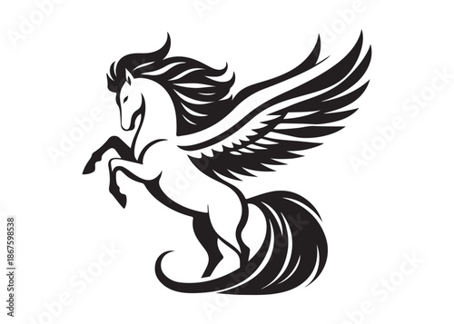 pegasus logo silhouette vector, horse with wings logo design icon vector illustration, magical fantasy horse vector silhouette, pegasus fly horse logo vector silhouette on white background