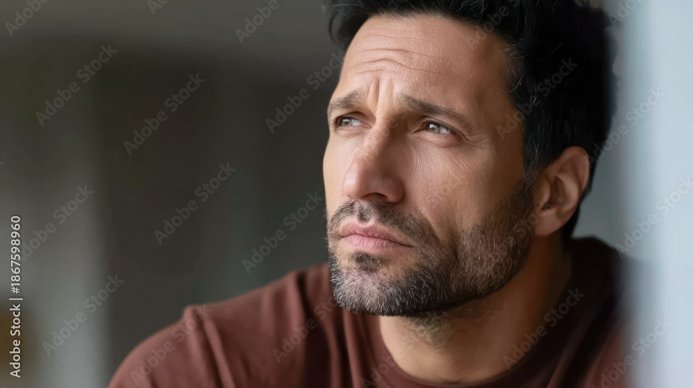 Fototapeta premium Man looks thoughtful while sitting indoors near a window in a quiet moment of reflection