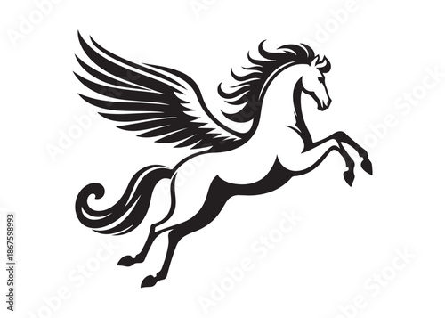 pegasus logo silhouette vector, horse with wings logo design icon vector illustration, magical fantasy horse vector silhouette, pegasus fly horse logo vector silhouette on white background
