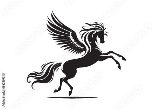 pegasus logo silhouette vector, horse with wings logo design icon vector illustration, magical fantasy horse vector silhouette, pegasus fly horse logo vector silhouette on white background