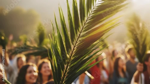 A crowd of people waving palm branches in celebration of Palm Sunday. Worshippers celebrating Jesus' triumphal entry. Christian Easter holiday concept