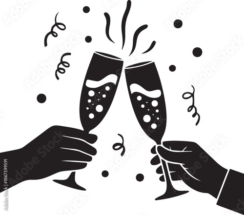 Two hands holding champagne glasses for toast celebrating event with confetti and streamers