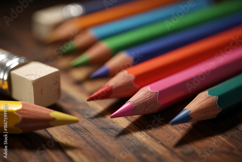 Vibrant colored pencils and eraser on wooden desk for creative art projects