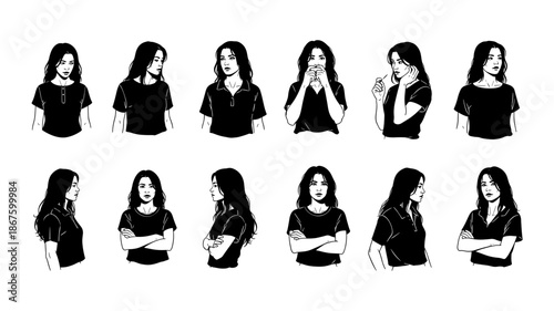 A captivating collection of black and white line art illustrations showcasing a young woman expressing various emotions and poses.